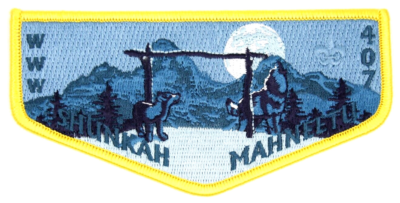 Yellow Border Shunkah Mahneetu Lodge 407 Grand Teton Council Idaho ID Wolf OA