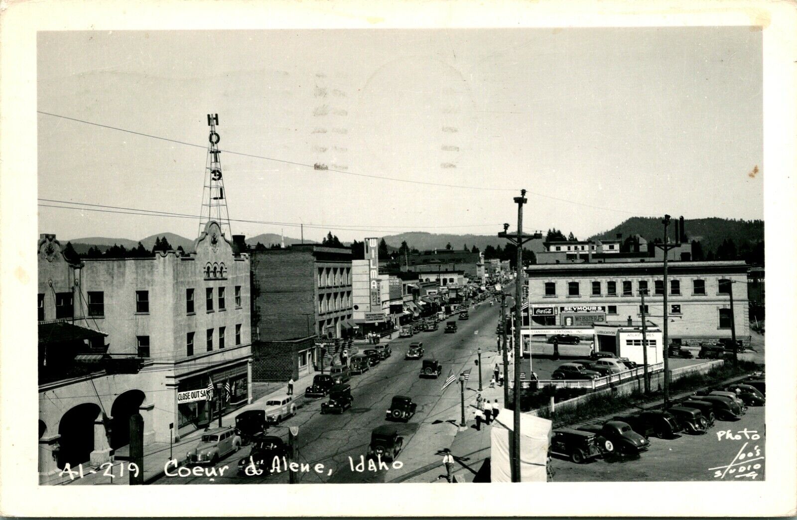 1948 Postcard RPPC S Sherman Ave Bird's Eye Coeur D'Alene ID Idaho Wilma Theater