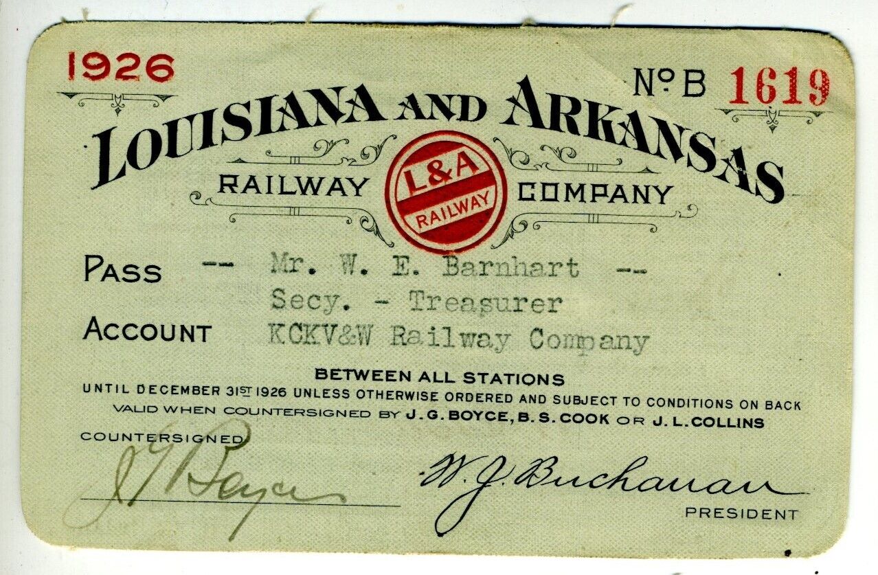 LOUISIANA & ARKANSAS Railway Pass - 1926