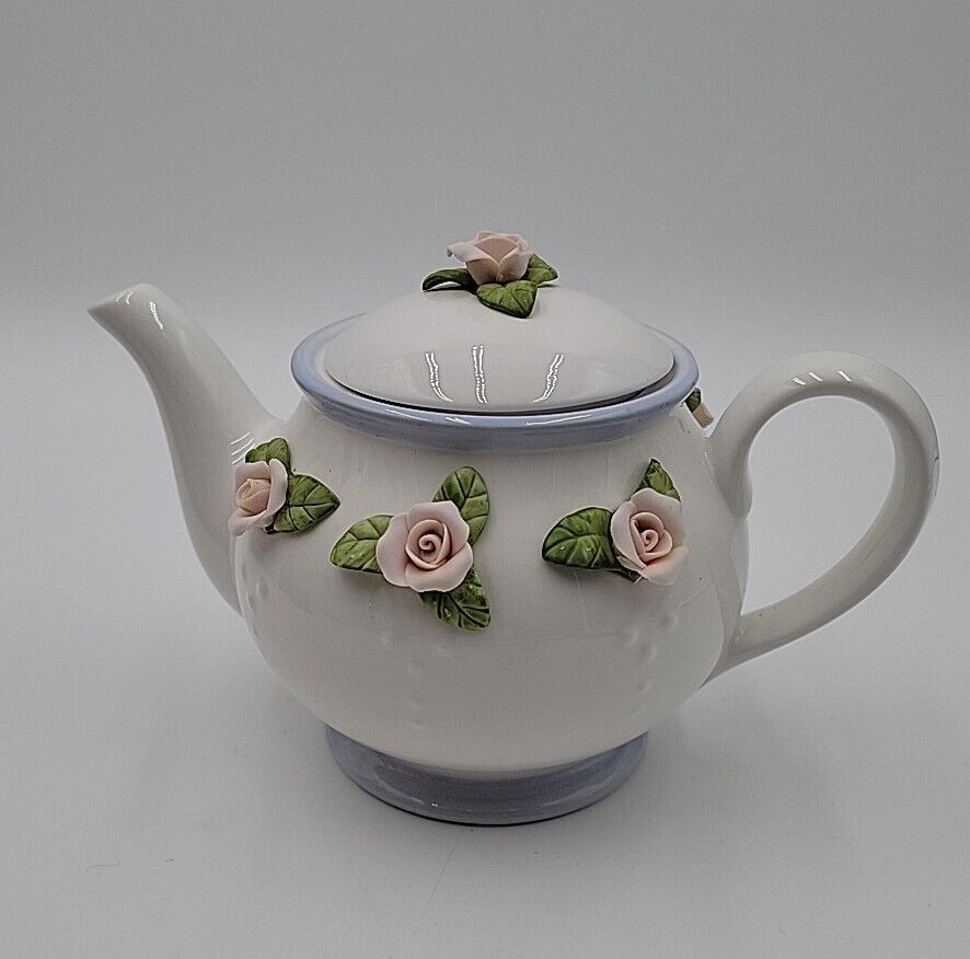 Vintage Teleflora Teapot W/ Applied Pink Roses & Green Leaves
