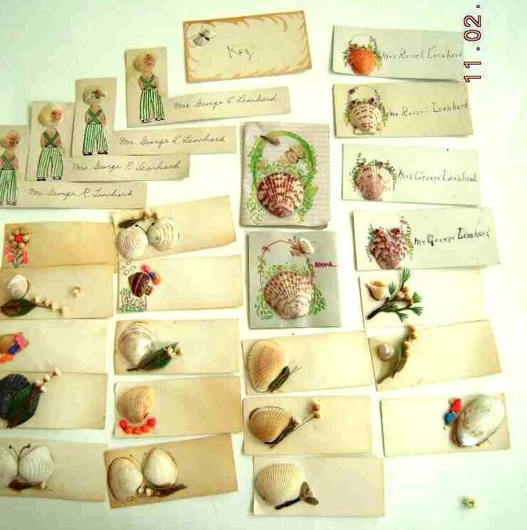 LOT 27pc antique 1932 SEASHELL party name card art deco Mrs George Leonhard