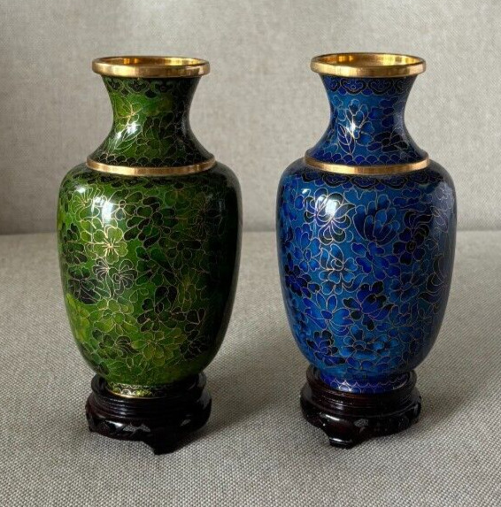 Pair of Vintage Cloisonne Chinese Vases 1 Blue, 1 Green with Wooden Bases