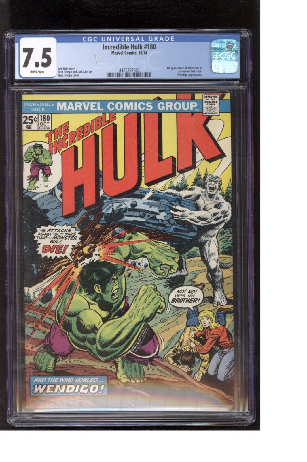 Incredible Hulk 180 CGC 7.5 1st Appearance Wolverine in Cameo Trimpe Cover 1974