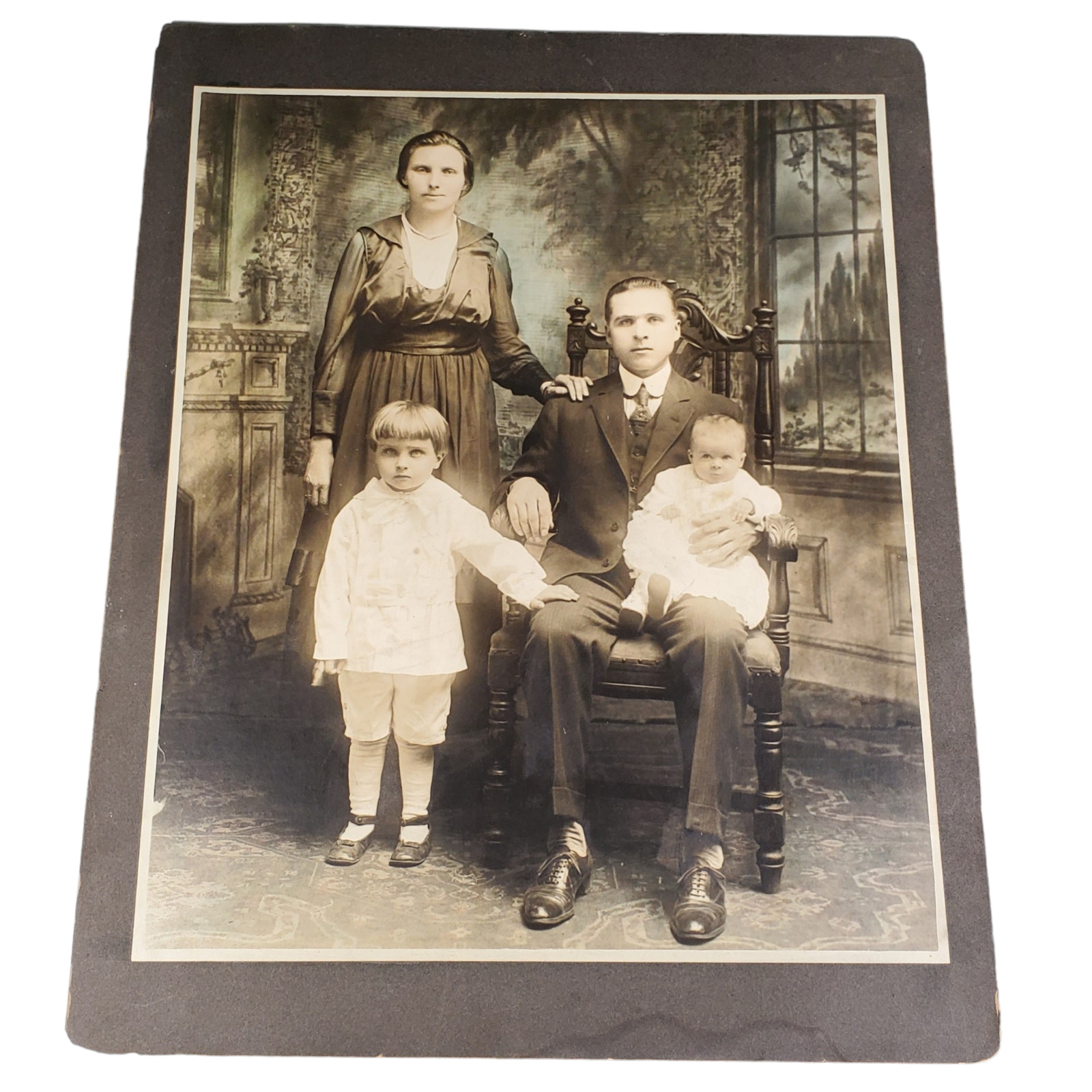 VTG Antique 1910s Family Photo Portrait 20x16 Matted Eerie Somber Creepy Toddler