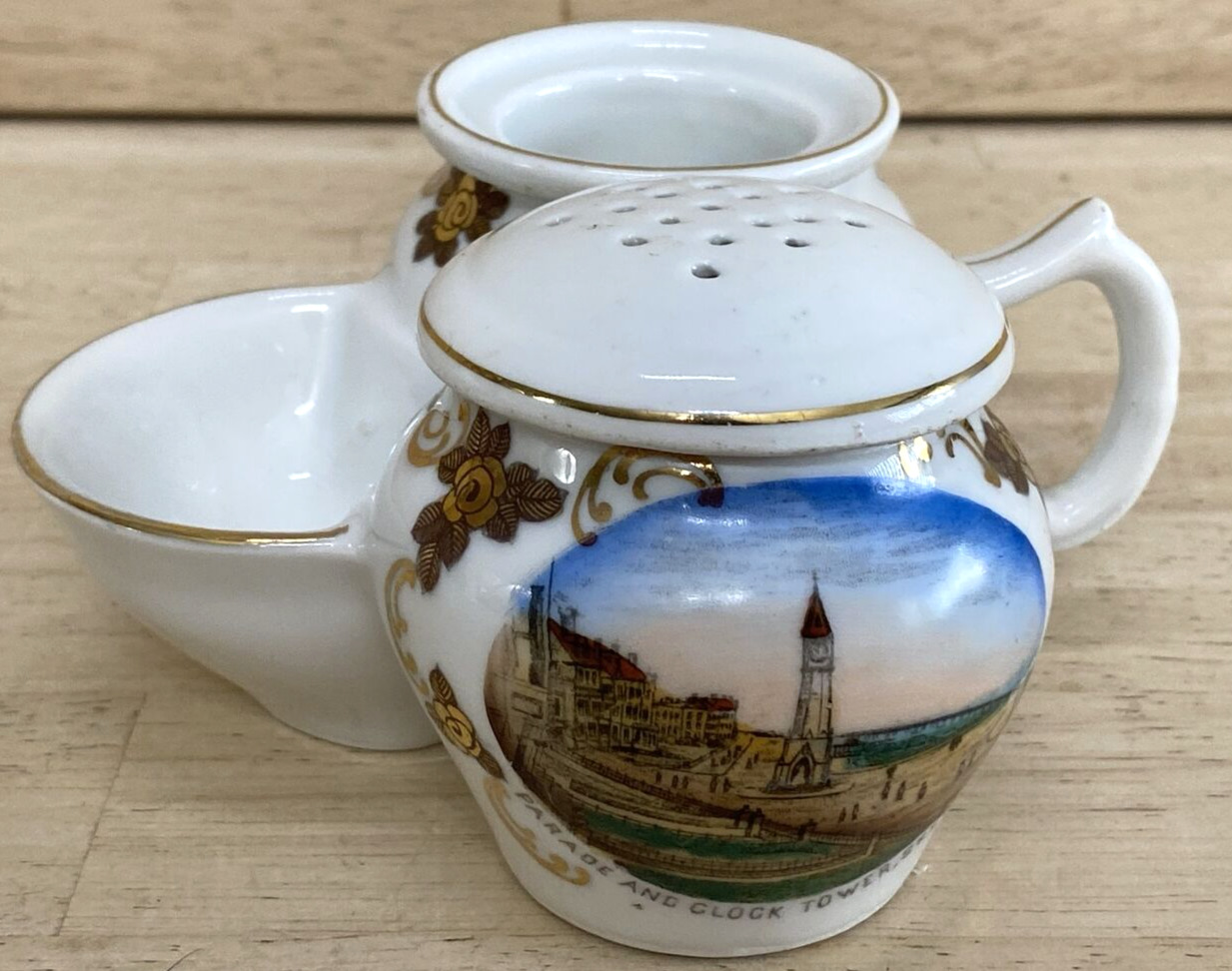 Parade Clock Tower Skegness England Handle Tea Set Strainer 3 Sections Painted