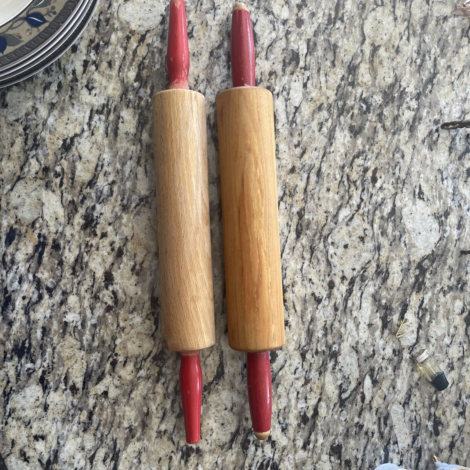 Lot of 2 Vintage Wood Rolling Pin with Red Handles Rustic Country Farmhouse