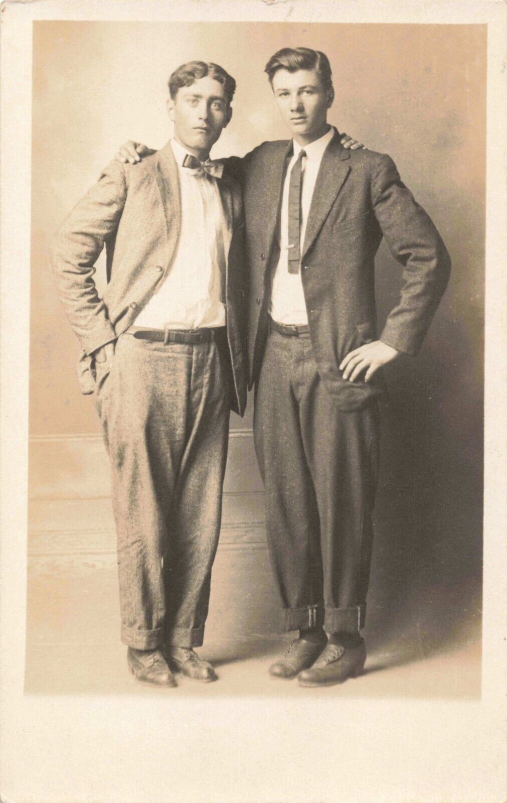 RPPC Two Handsome Young Men Dressed in Suits Affectionate Studio Portrait 513