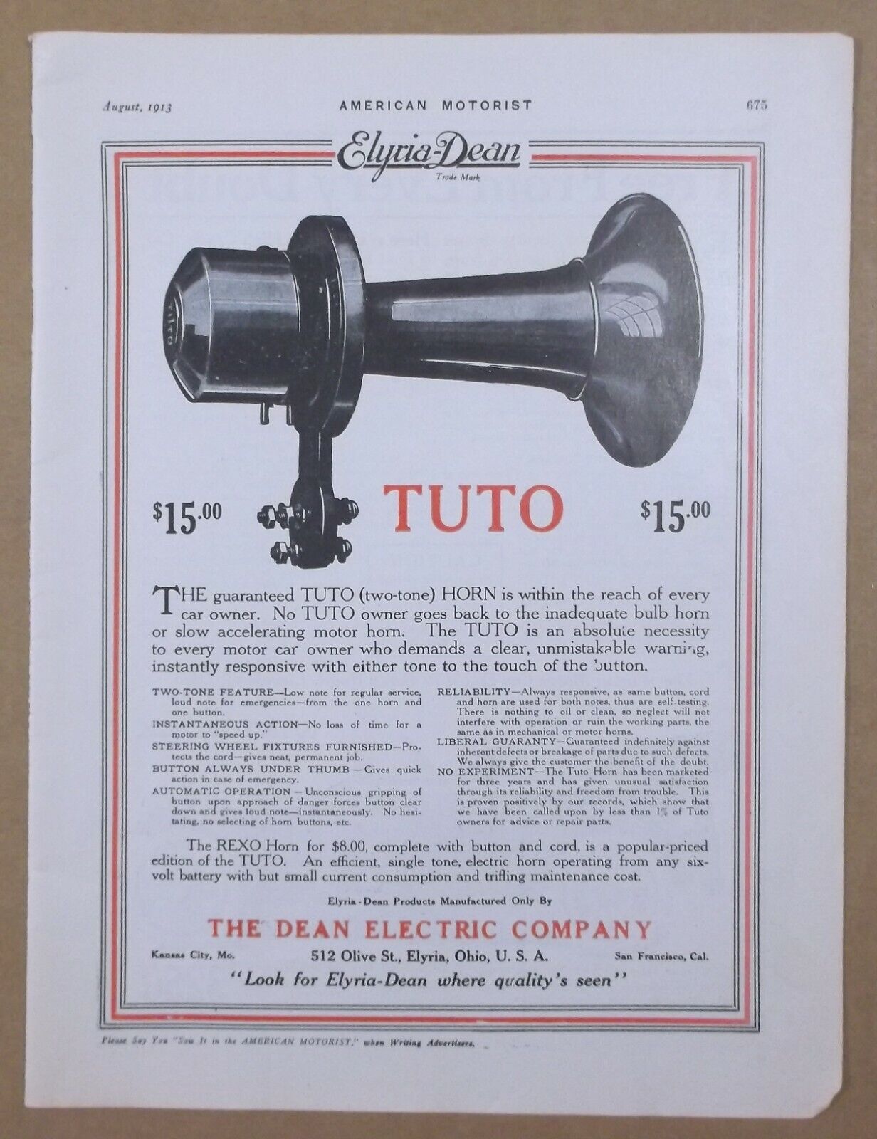 1913 ELYRIA-DEAN TUTO HORN Magazine AD ~ WINTON SIX MOTOR CAR, Cleveland, OH