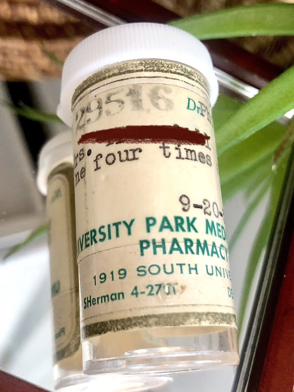 A 1955 Empty Vintage Prescription Medicine Rx Pill Bottle Univ. Park Denver CO