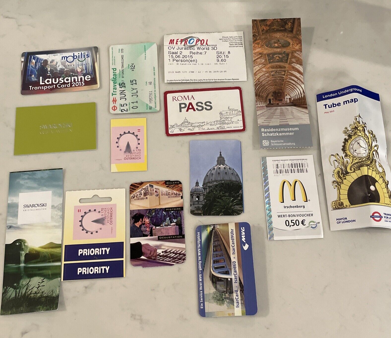 Vintage 2015 Receipts And Ticket Stubs From Tourist Sites In Europe