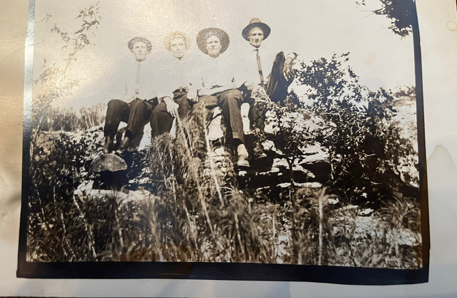Antique RPPC Four Men Sitting Outside On Cliff -Real Photo Postcard