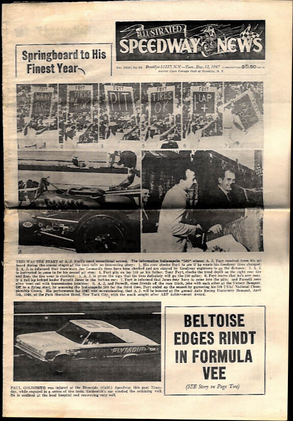 ILLUSTRATED SPEEDWAY NEWS 12/12 1967 Beltoise Formula Vee A J Foyt