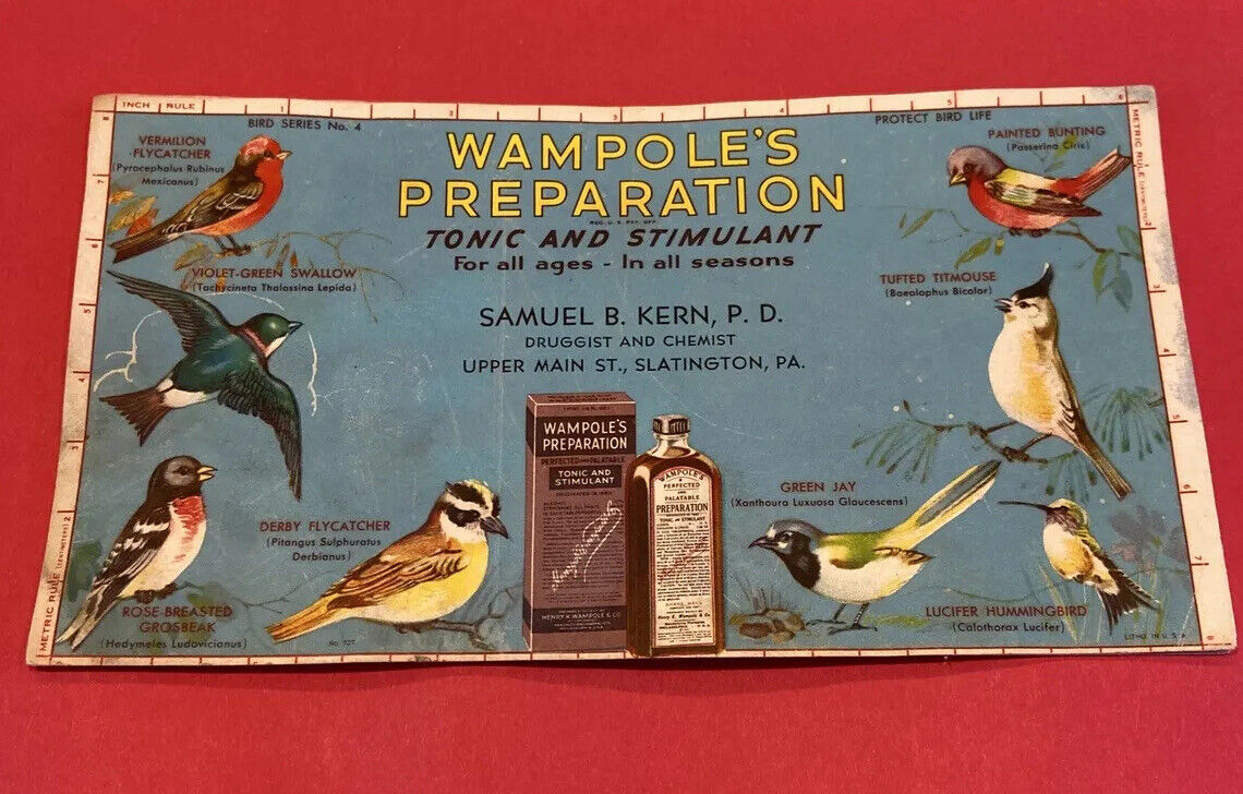 Vintage Wampole’s Medicine Ink Blotter Samuel Kern SLATINGTON, PA Wild Birds Ad