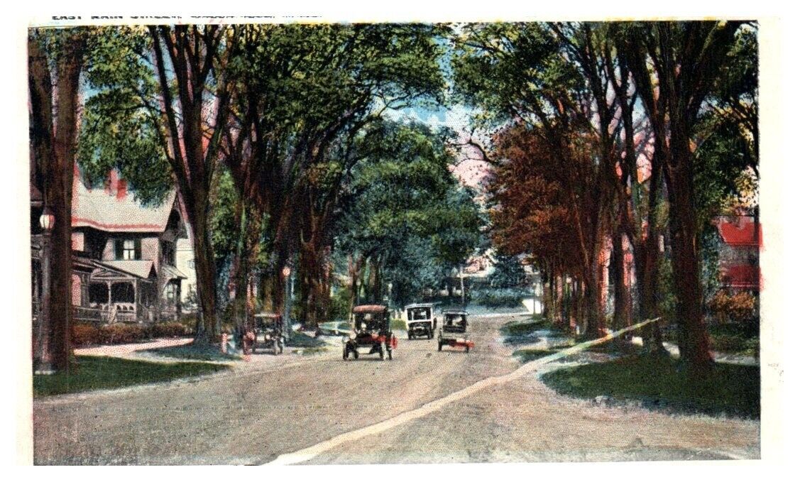 EAST MAIN STREET scene GREENFIELD, MA c1931 - Postcard