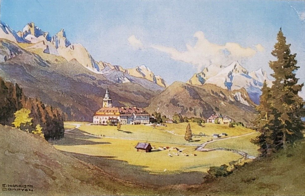 Schloss Elmau German Alps in Upper Bavaria Painting Vintage Postcard