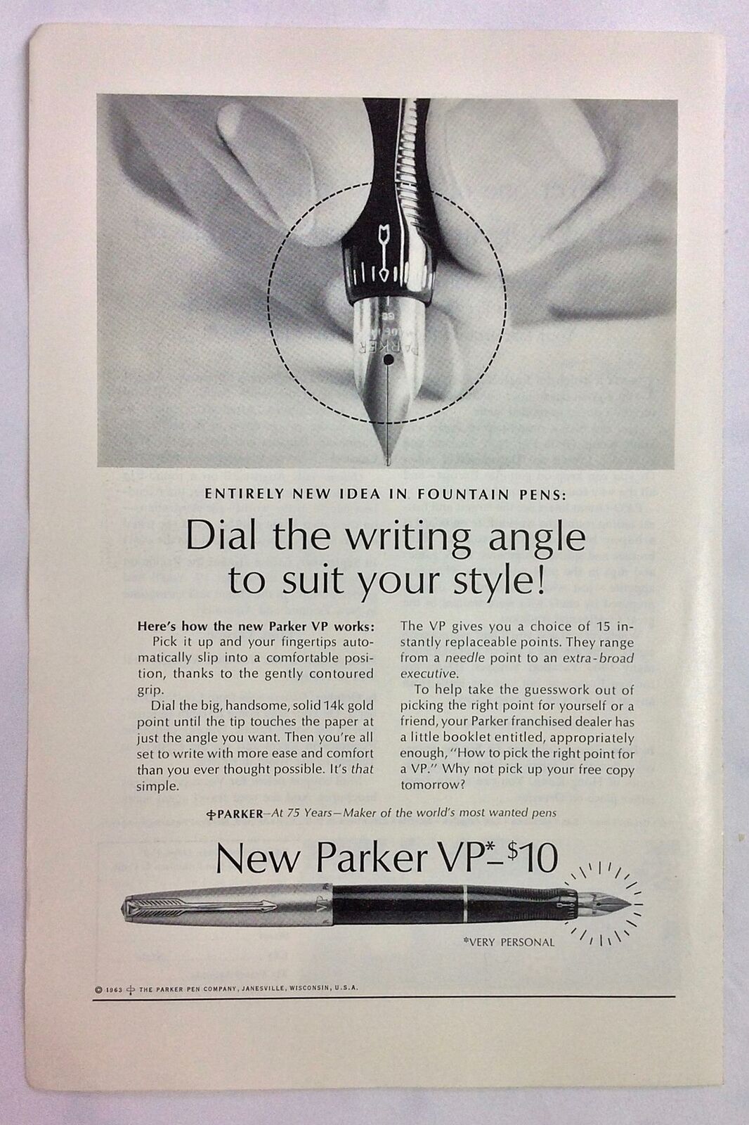 Vintage Original Print Ad 1963 Parker VP Fountain Pen 6.75\