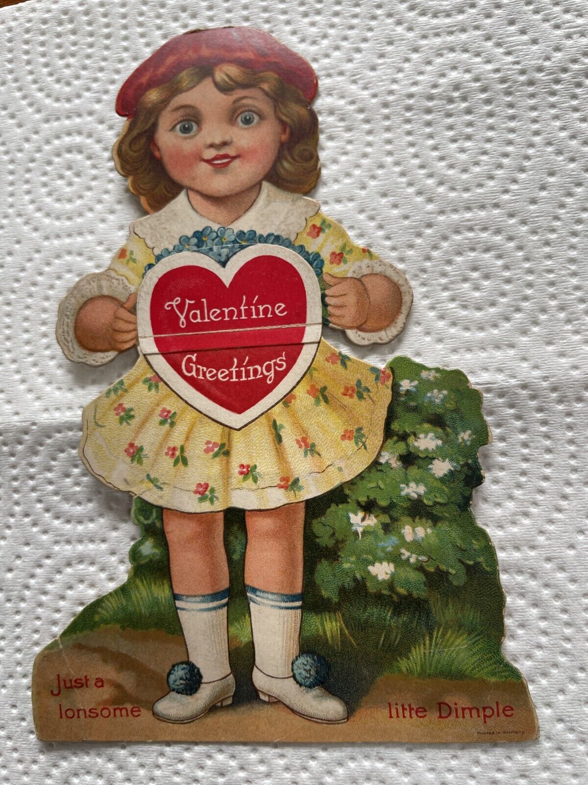 Antique Valentines Day Greeting Card Just a Lonsome Little Dimple Wide Open Eyes