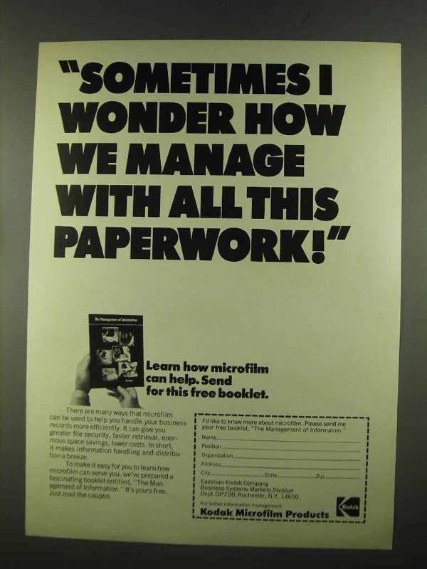 1972 Kodak Microfilm Ad - Wonder How We Manage