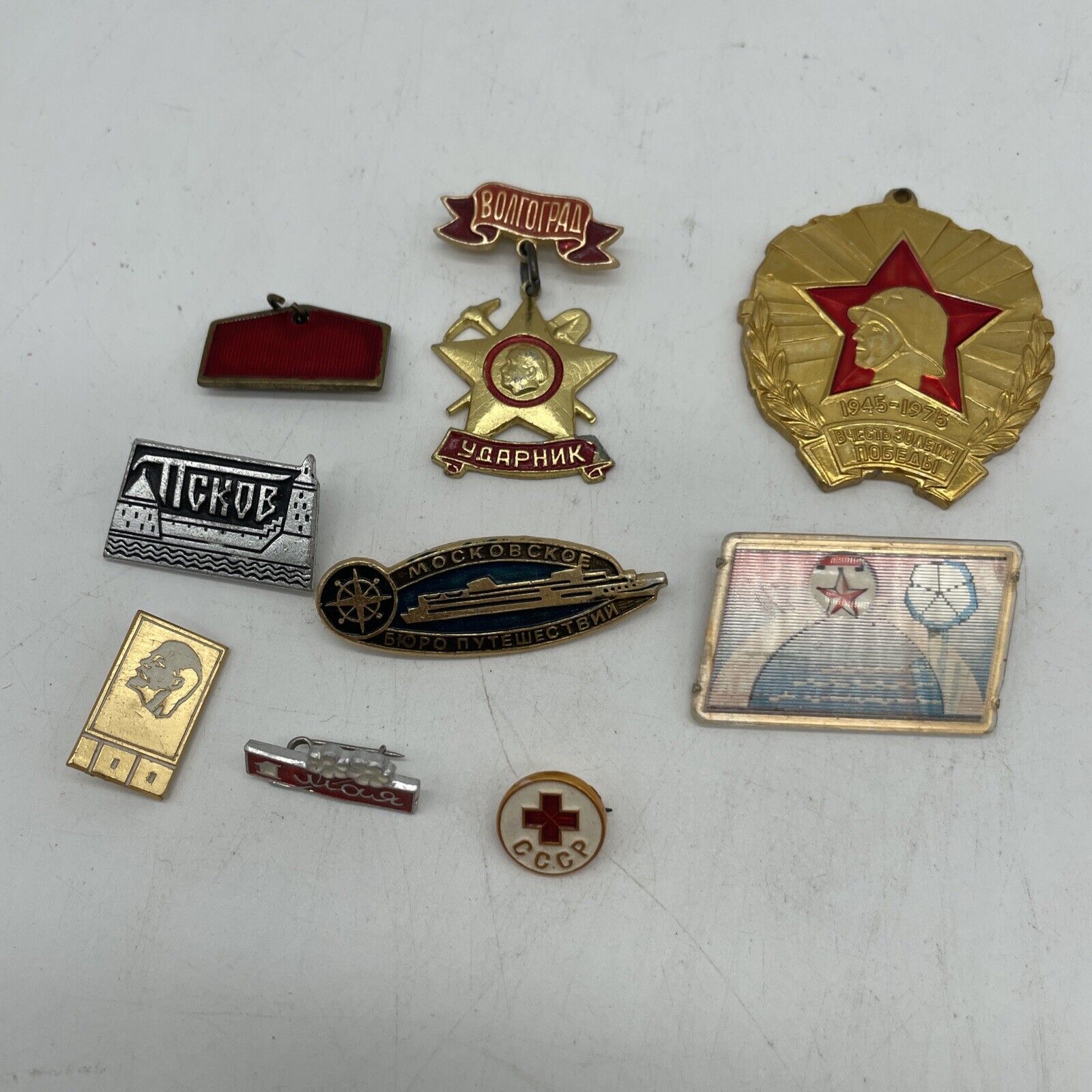 Lot of 9 Rare Soviet Communist Lapel Pins Lenin Hammer Sickle Brooch Medal Cccp