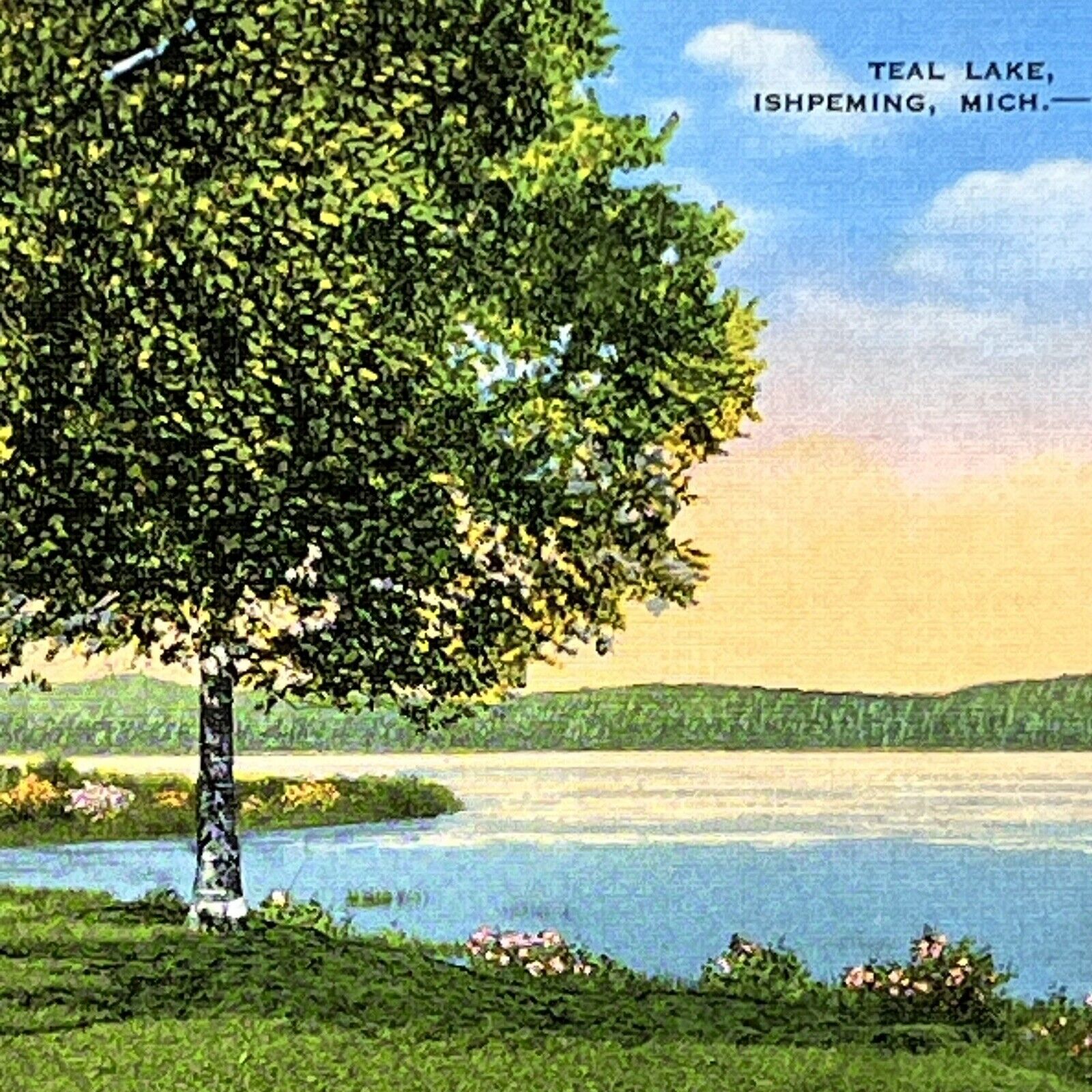 Vintage Ishpeming, MI Linen Postcard Teal Lake Unposted Michigan
