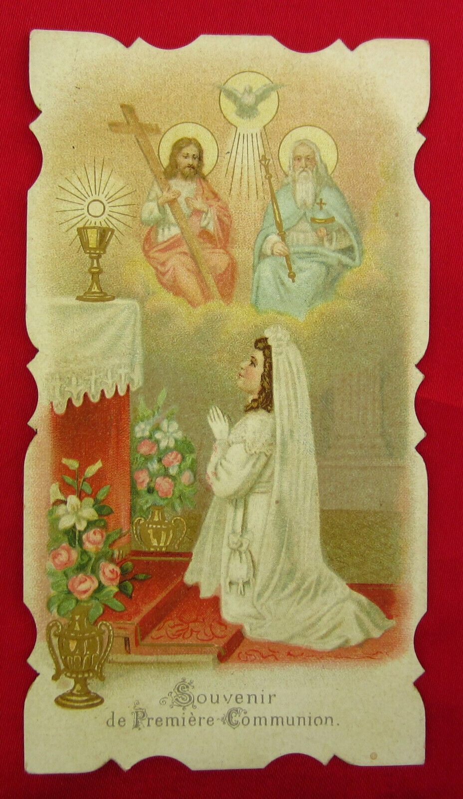 Antique FIRST COMMUNION Holy Card JESUS GOD HOLY SPIRIT Holy Catholic Card 1909