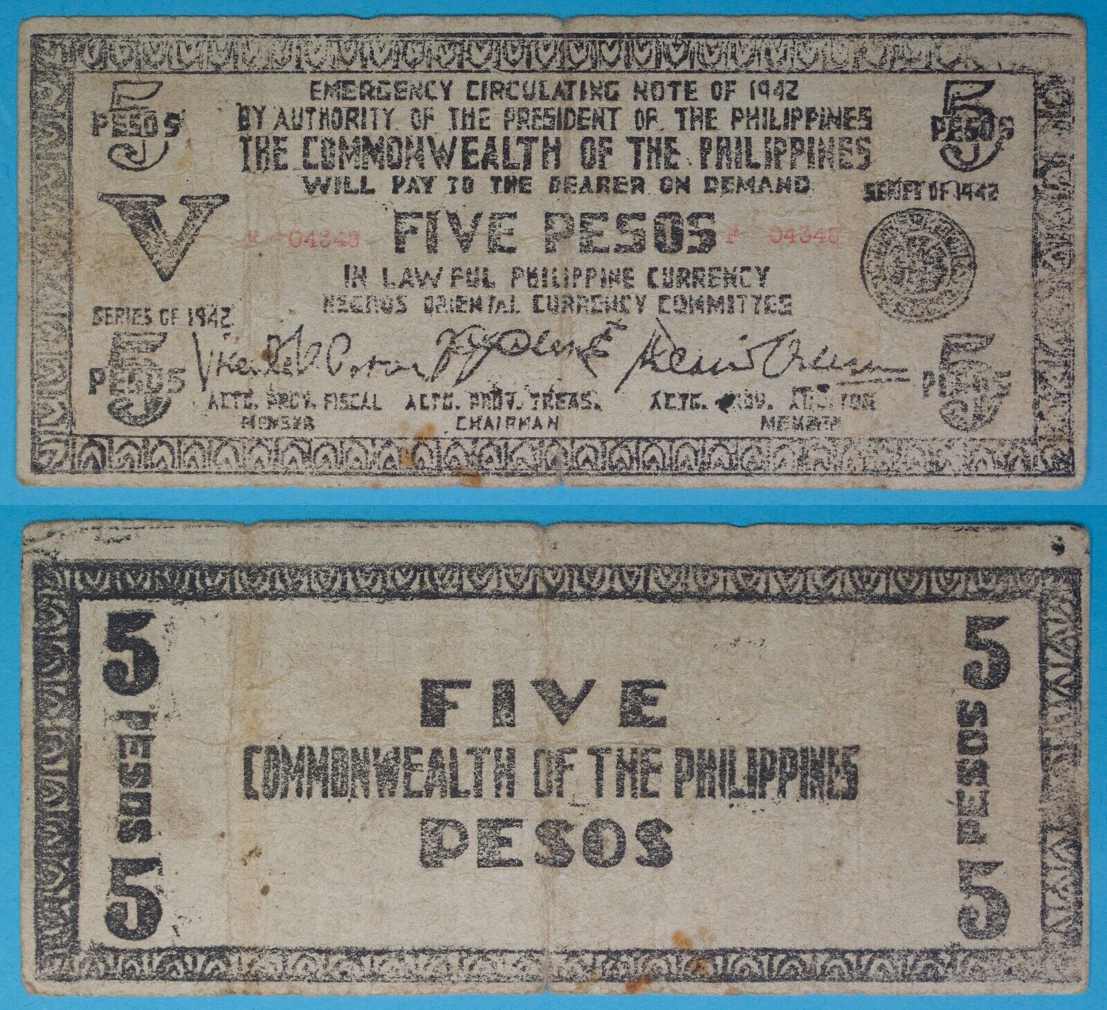 1942 Philippines ~ Negros Oriental 5 Pesos ~ WWII Emergency Note ~ NOR-207