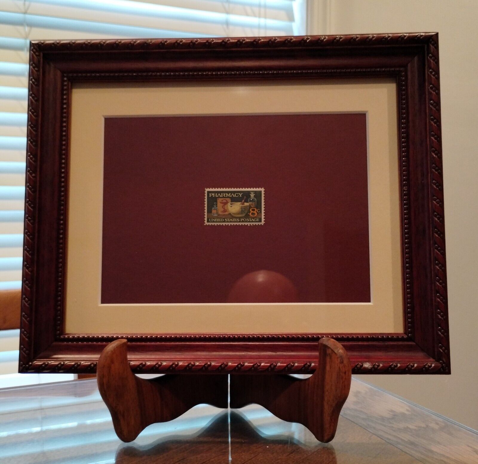 1972 Pharmacy Stamp, 8 cent, professionally matted & framed with wood easel