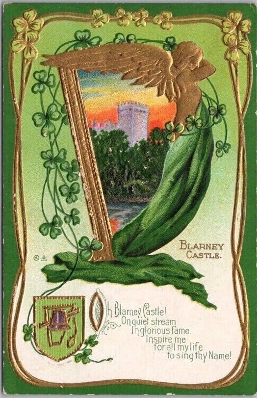 1913 ST. PATRICK'S DAY Embossed Postcard BLARNEY CASTLE Gold Harp NASH Series 10