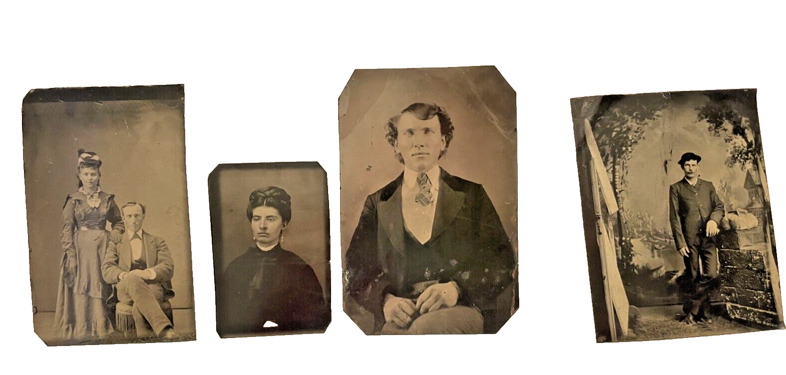 Photographs 4 Tin Type Man w/ Hat Woman w/ Earrings Couple Photos Pictures Vtg