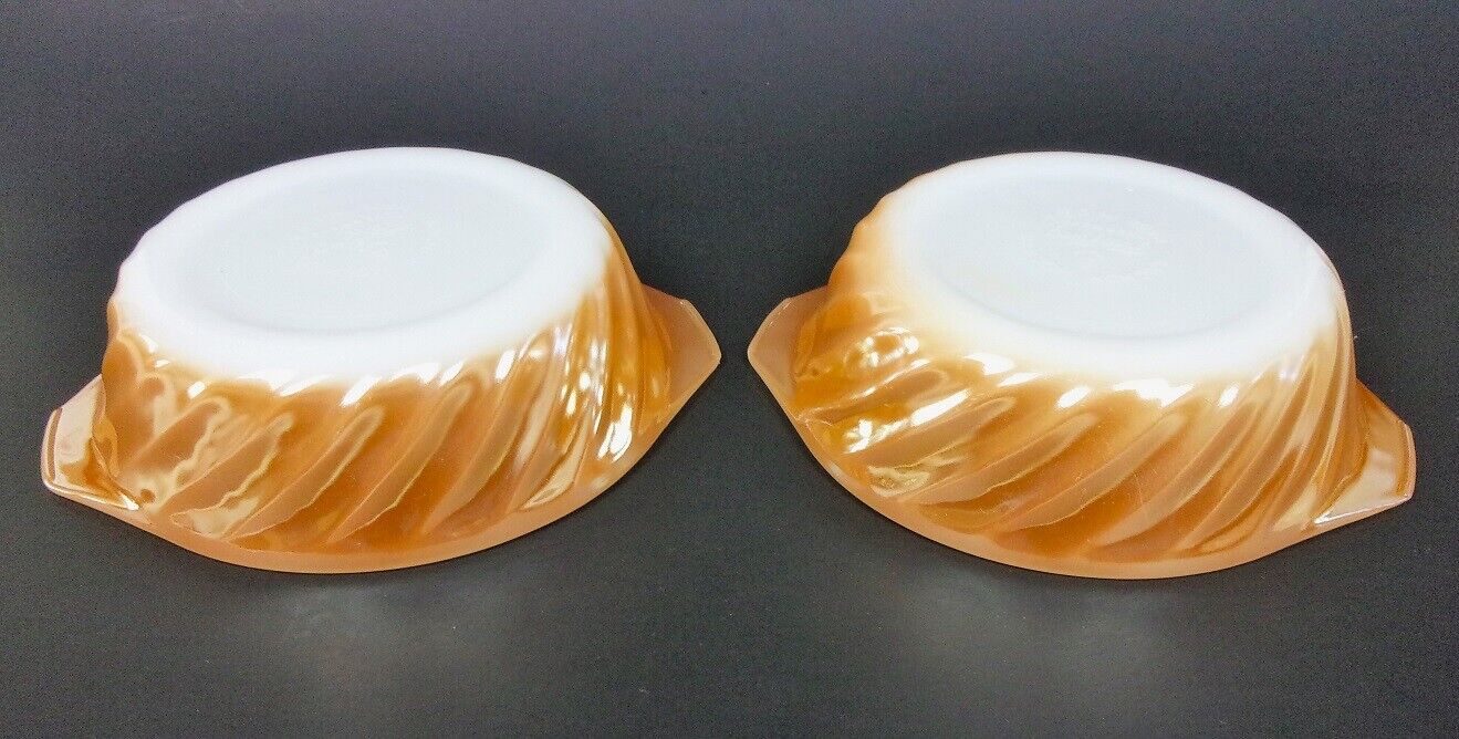Pair 2 Fire-King Peach Lustre Copper-Tint Danish Swirl Individual Pie Plate Dish