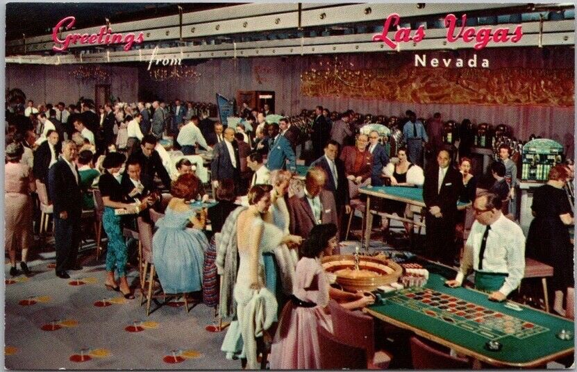 Vintage 1950s LAS VEGAS Nevada Greetings Postcard Casino Scene / Roulette Table