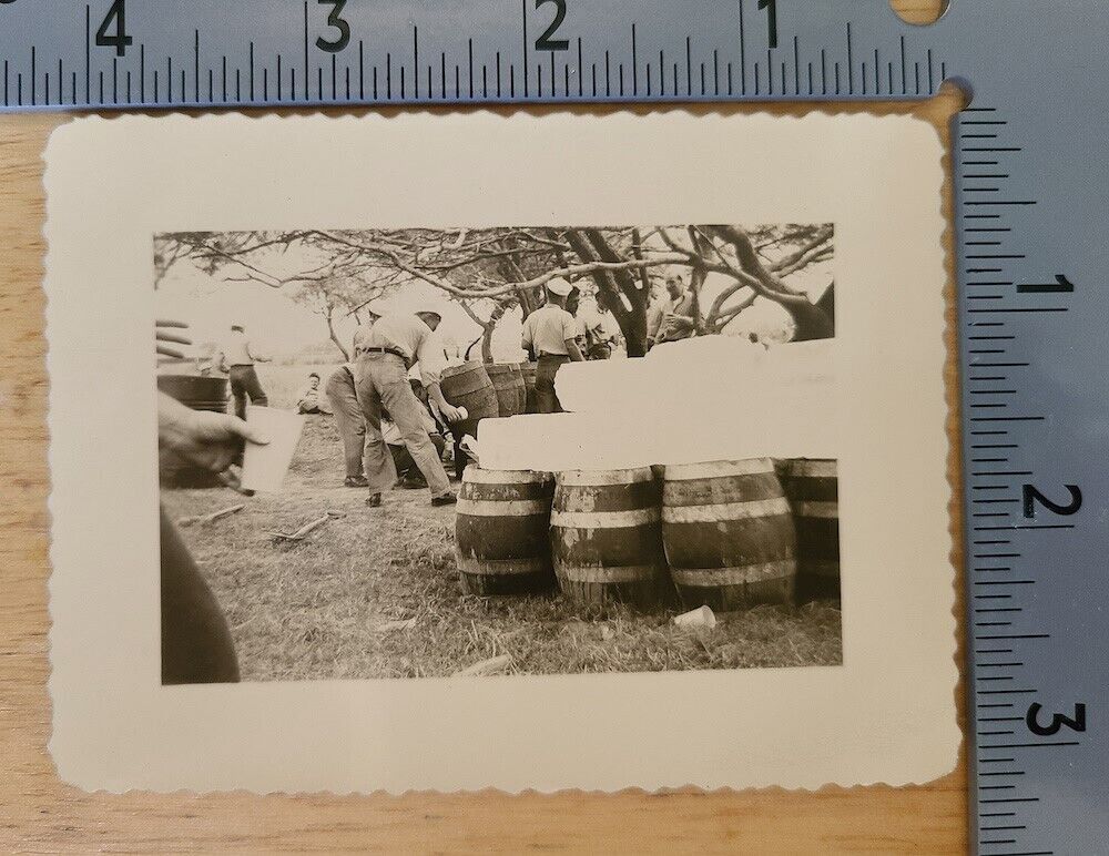 Workers Under a Tree With Barrels -Vintage Black & White / Sepia Old Found Photo