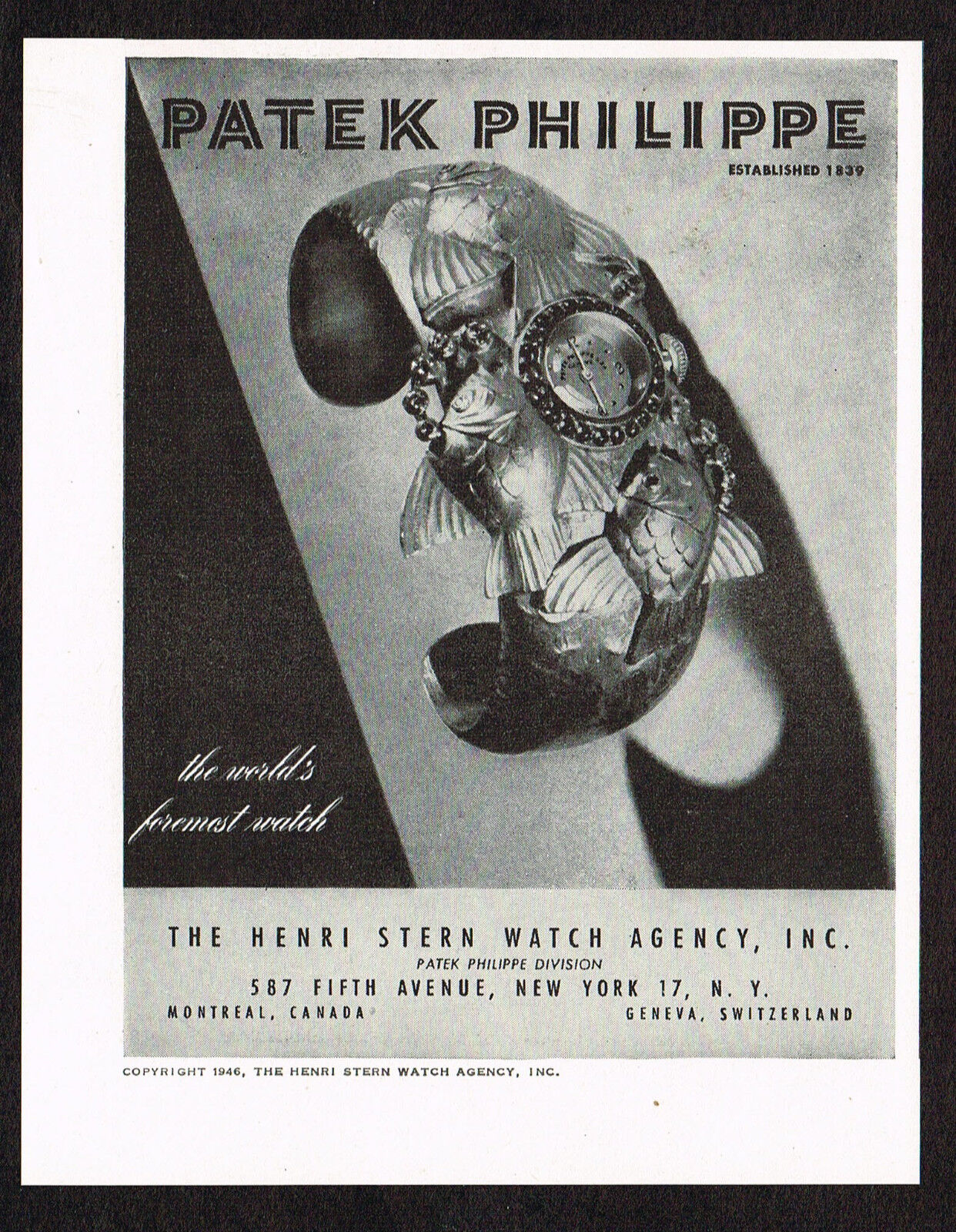 1940s Original Vintage Patek Philippe Fish Watch Photo Print Ad