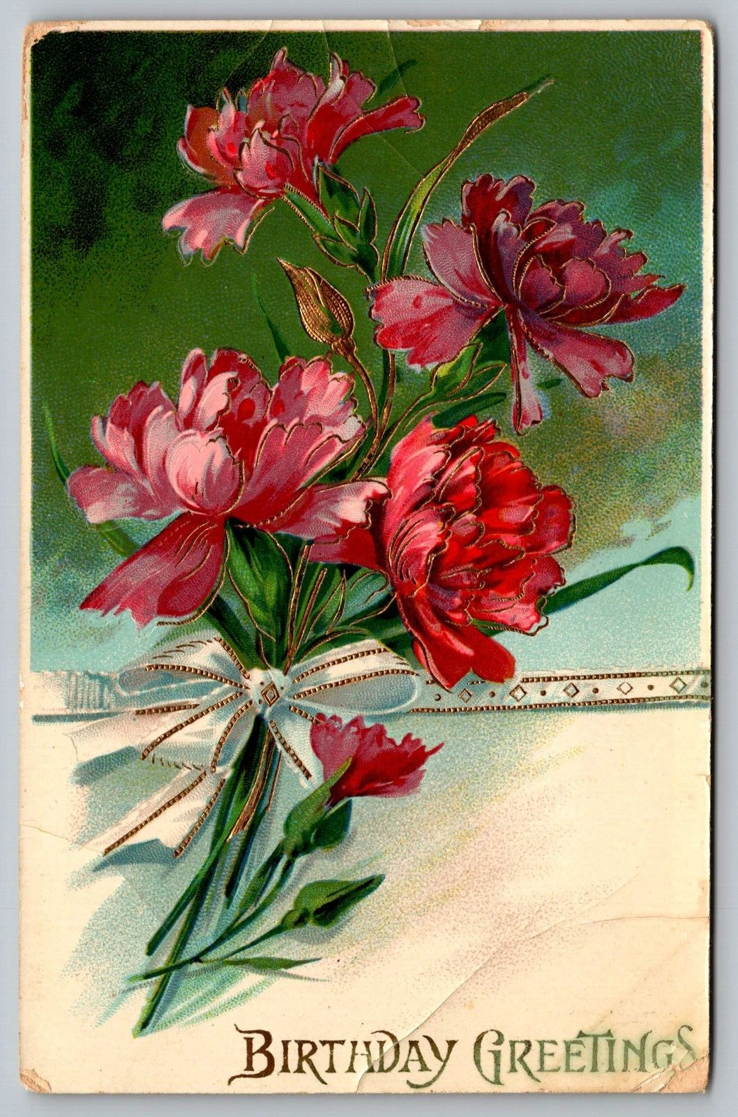Postcard Birthday Greetings Embossed Floral Design In Gold Trim VTG c1911  H19