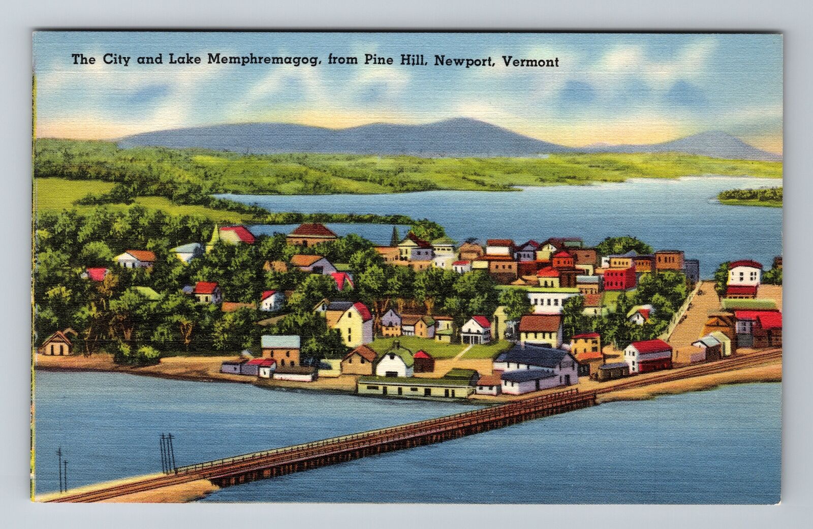 Newport VT-Vermont, The City, Lake Memphremagog, Aerial, Vintage Postcard