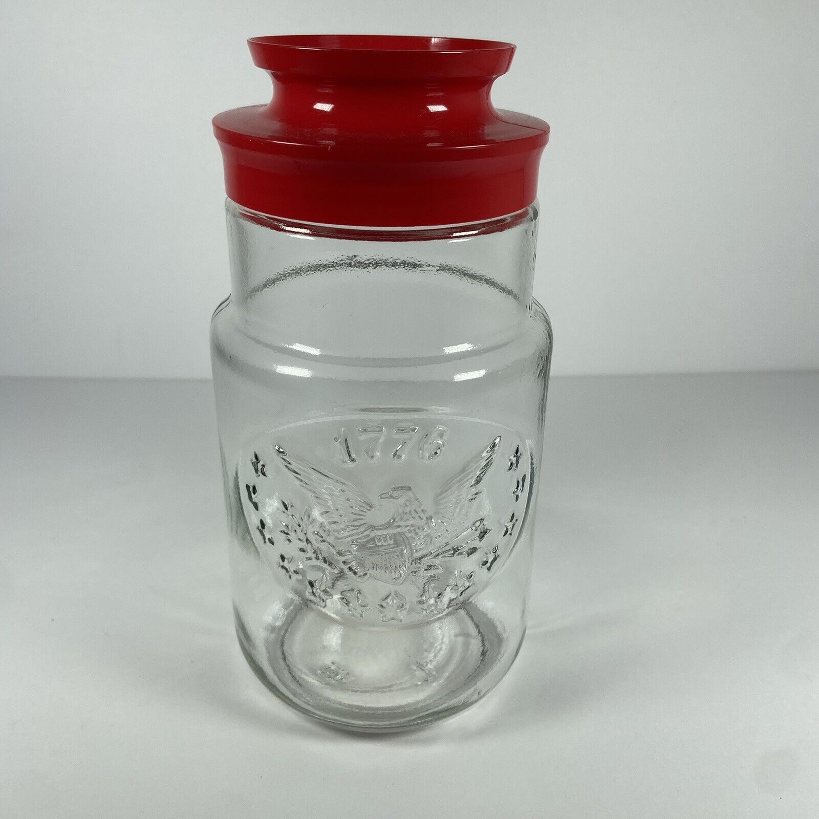 Vtg 1976 Anchor Hocking 1776 Eagle Bicentennial Glass Storage Jar w/Red Lid #2