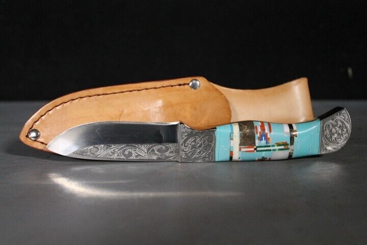 Native American Southwest Navajo Style Turquoise Inlay 8” Knife Nice Small
