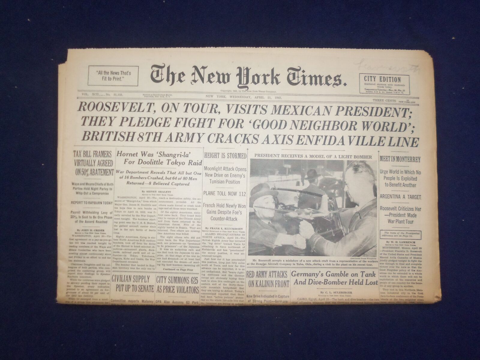 1943 APR 21 NEW YORK TIMES-ROOSEVELT, ON TOUR, VISITS MEXICAN PRESIDENT- NP 6532
