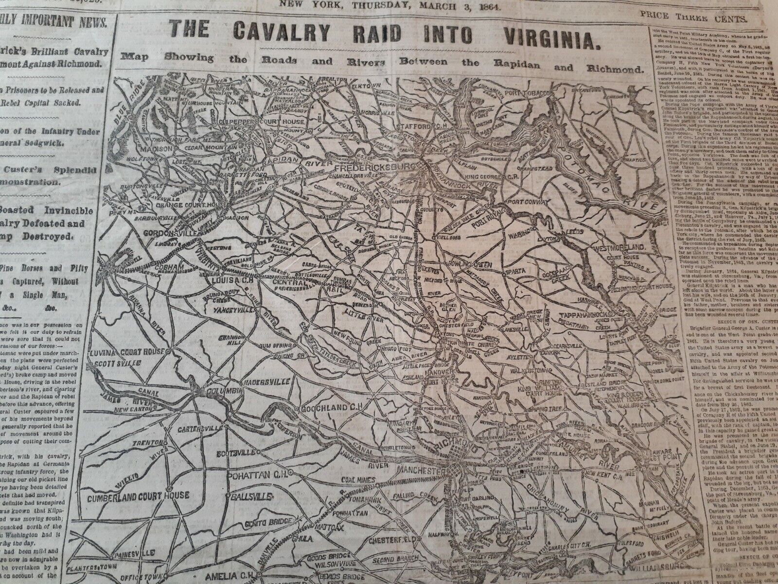 Civil War Newspapers- KILPATRICK-DAHLGREN CAVALRY RAID INTO VIRGINIA, HUGE MAP