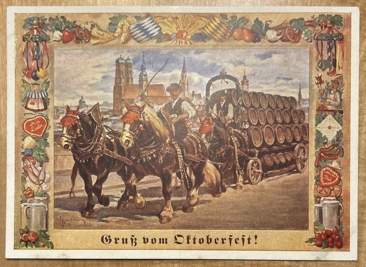VTG 1953 GERMANY GRUSS VOM OCTOBER FEST STAGECOACH/BEER KEGS POSTCARD Nr.57