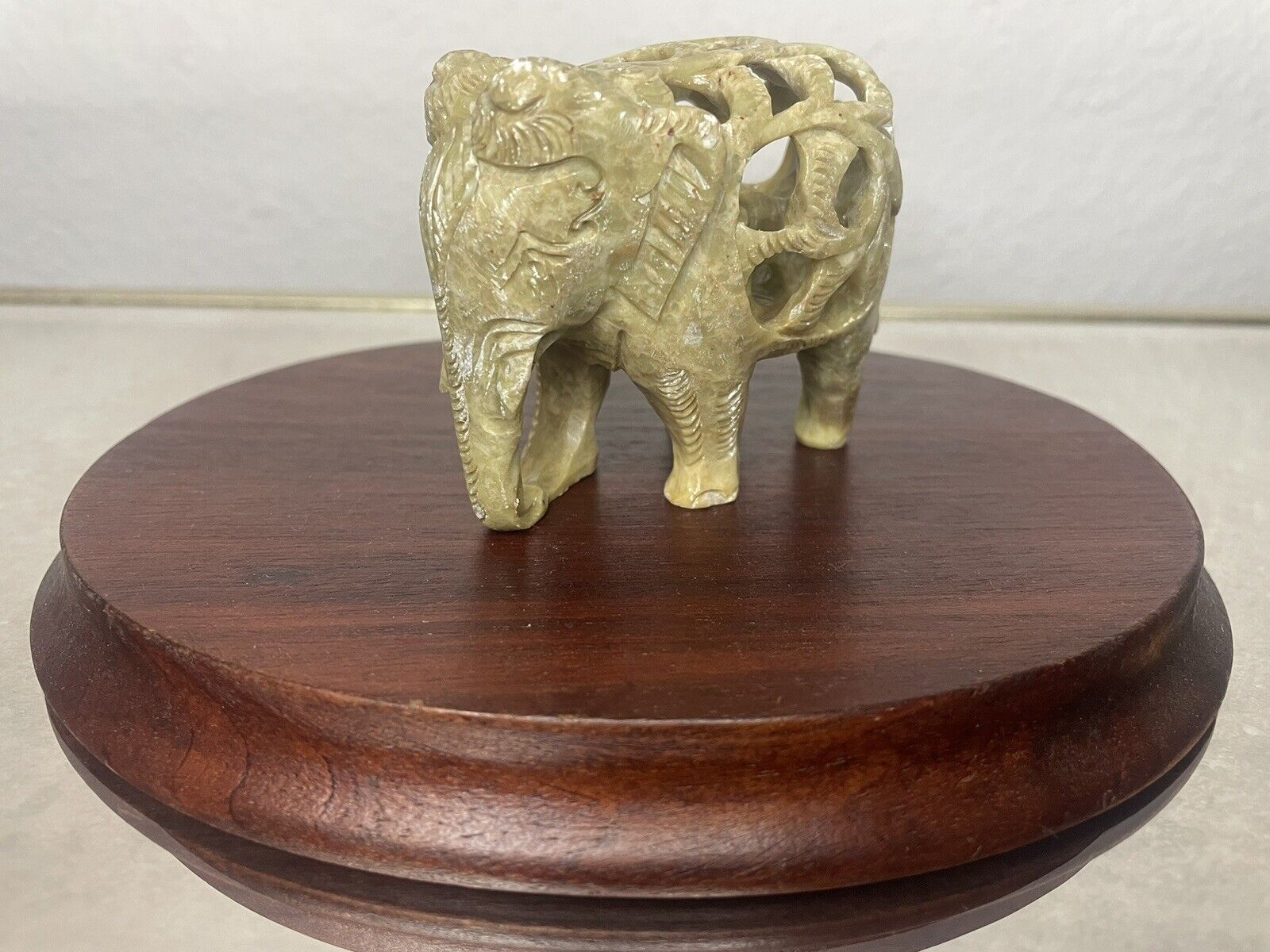 Vintage Hand Carved Green Soapstone Mother Elephant Sculpture With Baby Inside