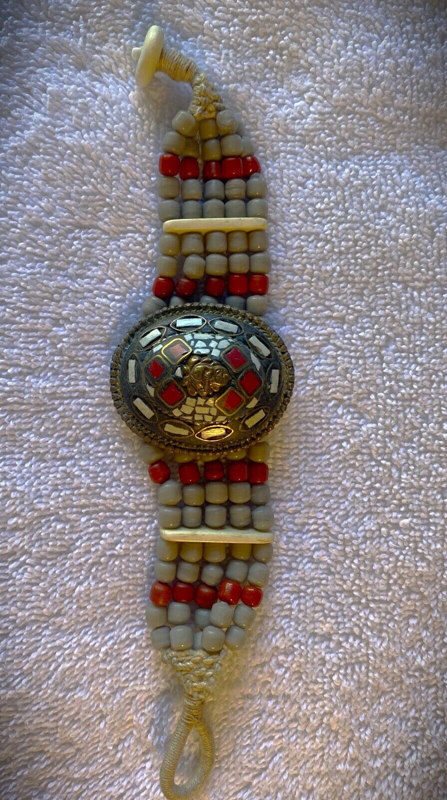 Vintage Tibetan Coral/Bone/Brass Ganesh Charm Bracelet