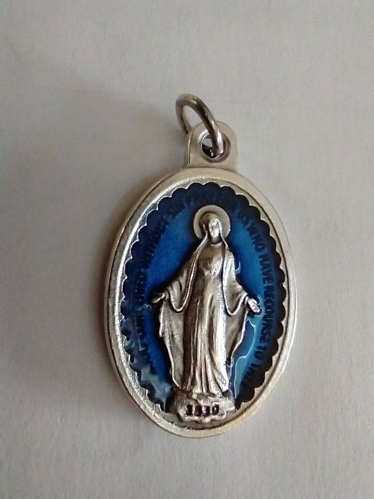 Catholic Silver Tone Miraculous Mary Medal Blue Enamel Italy