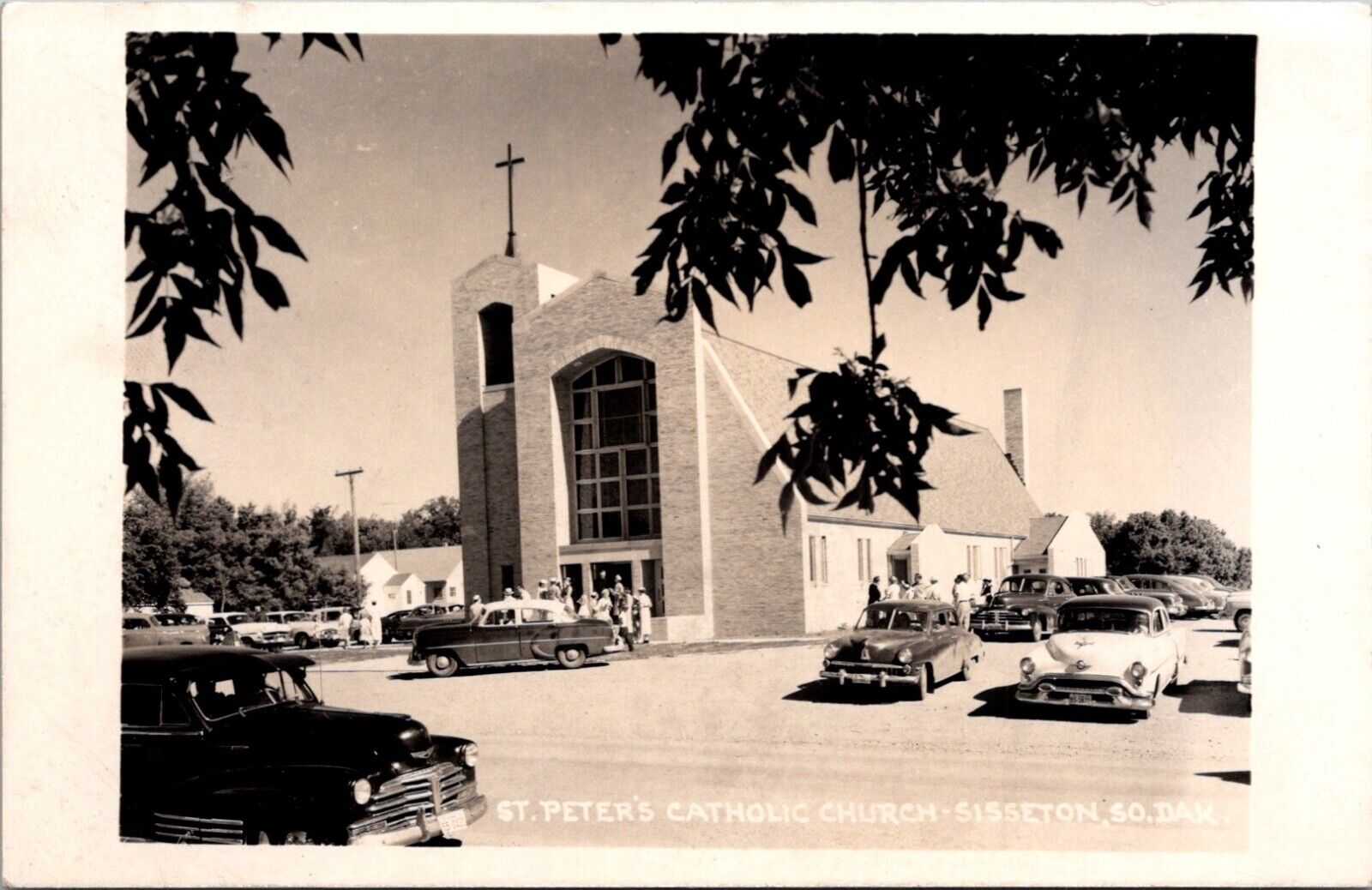 RPPC Sisseton, SD St. Peter's Catholic Church Postcard VTG Cars c. 1940s