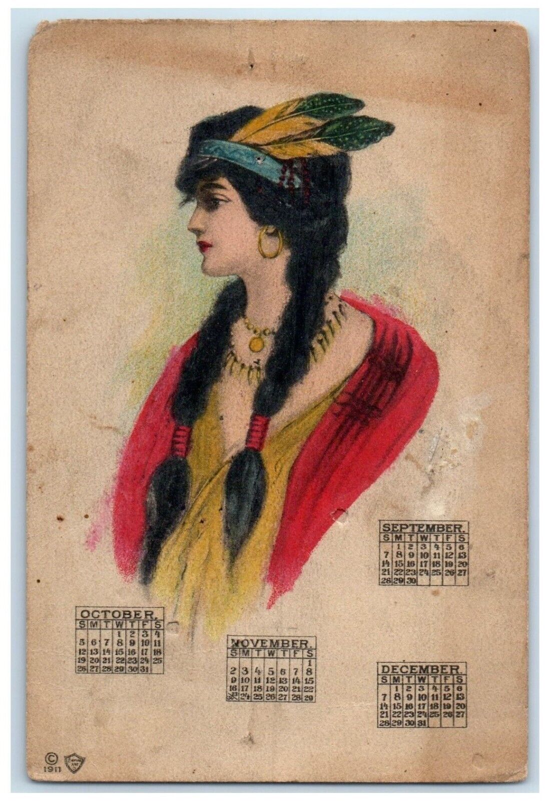 c1905 Pretty Woman Native American Feather Handpainted Calendar Antique Postcard