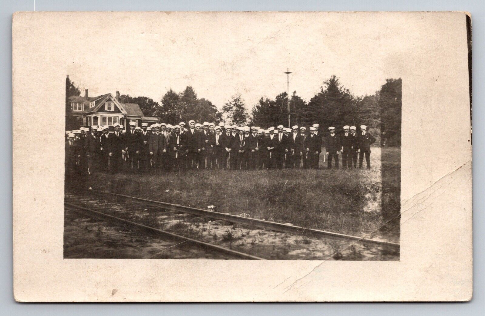 RPPC Group of RailRoad Guys with White Caps at RR Stop VTG UNP C.1920's Postcard