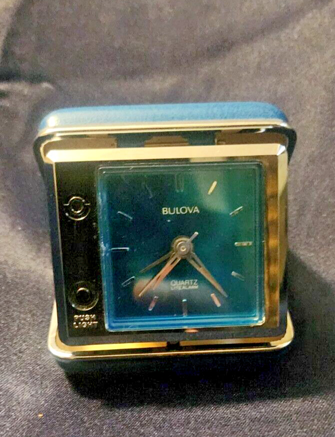 Vintage Blue Bulova Quartz Lite Alarm Clock Travel Size WORKS