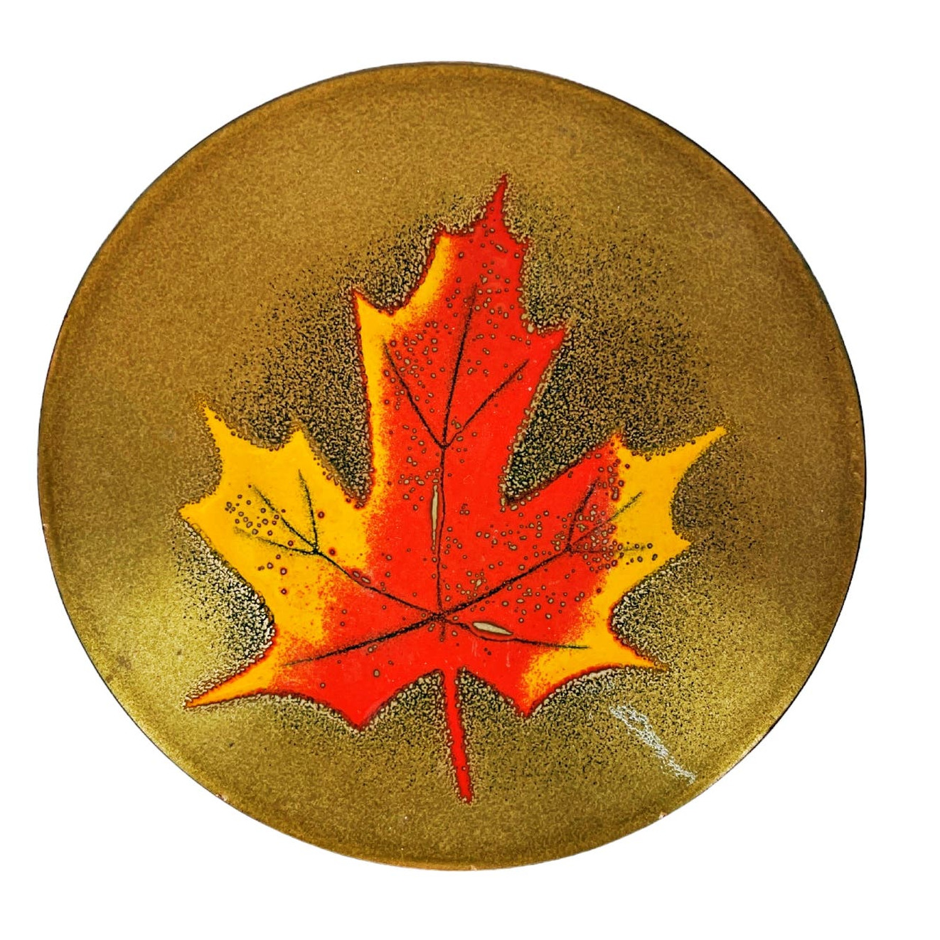 MCM Vintage 60s Jules Perrier Quebec Canada Enamel Copper Dish Maple Leaf Signed