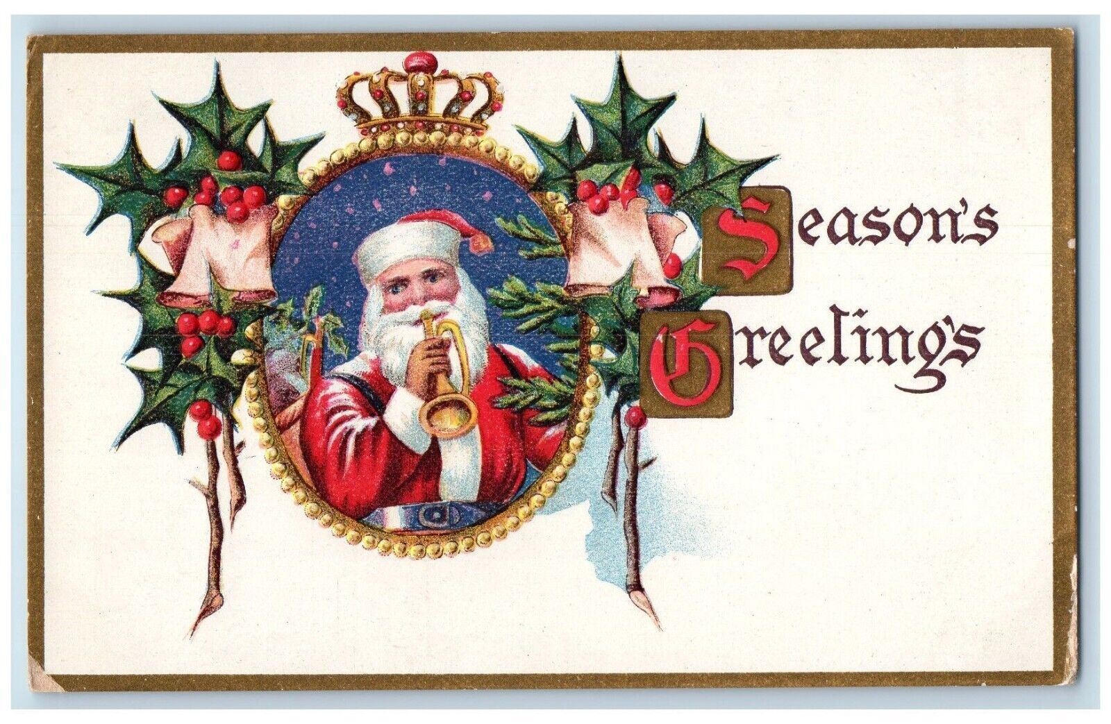 c1910's Christmas Greetings Santa Claus Trumpet Holly Crown Antique Postcard