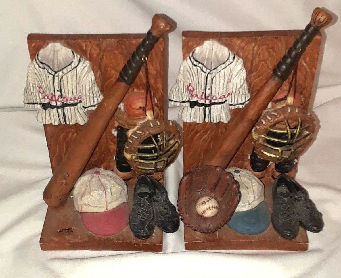 Set of Two Baseball Theme Resin Book Ends 3D Hand painted  Kids Room 7 1/2\